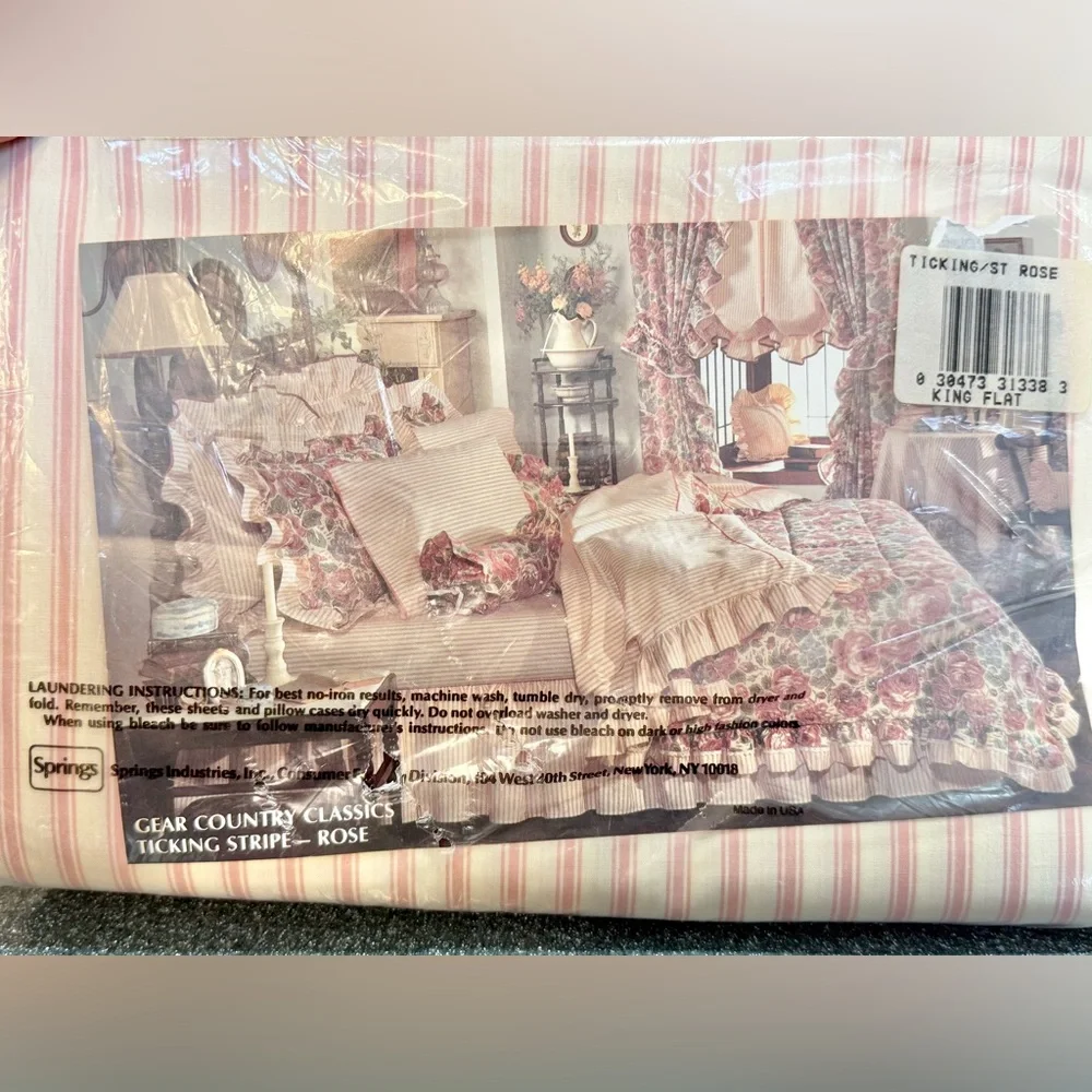 Springmaid king ticking/st rose flat sheet country gear classics 180 thread ct